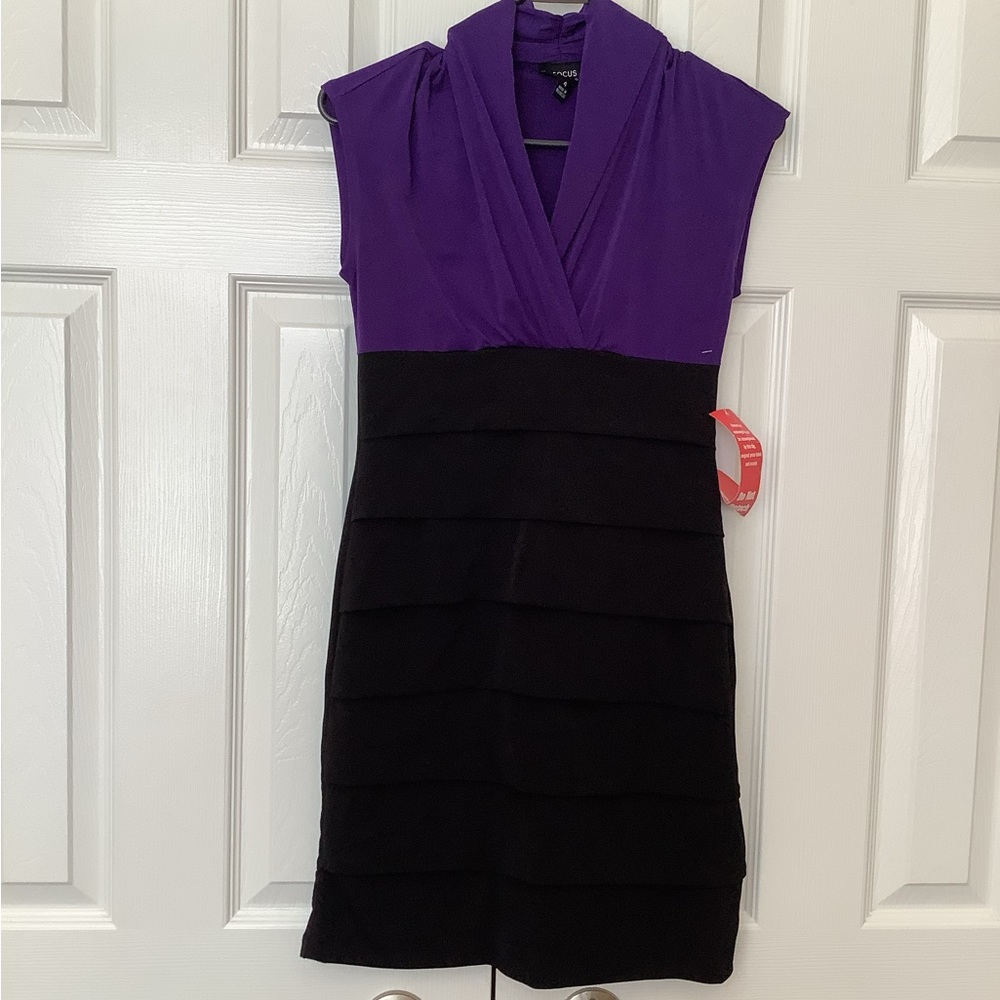 NWT Enfocus Studio Purple Black Cap sleeve Surplice Dress V Neck 4 Petite